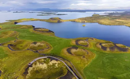 Lake Mývatn aerial view of Skútustaðir Pseudo Craters.