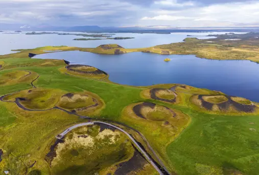 Lake Mývatn aerial view of Skútustaðir Pseudo Craters.