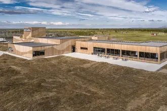 Aerial view of the Lava Center volcano museum in Hvolsvöllur.