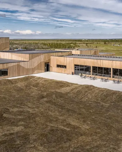 Aerial view of the Lava Center volcano museum in Hvolsvöllur.