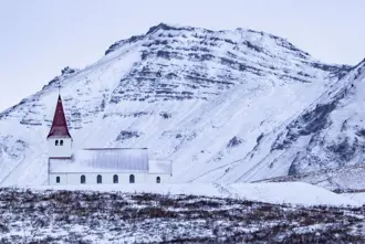 Vikurkirkja Church in snow winter in Iceland.