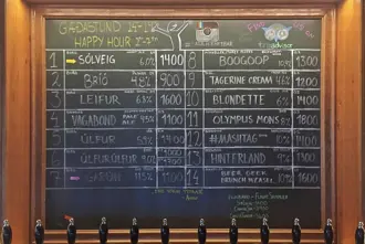 Skúli Craft Bar in Reykjavik chalkboard displaying current beer selection.