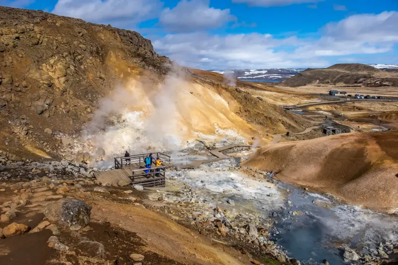 Seltún geothermal area on Reykjanes Peninsula, Iceland, view of the steaming geothermal landscape.