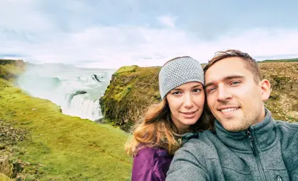 Selfie Couple Gullfoss Waterfall Golden Circle Iceland Travelreykjavik Large