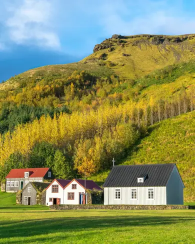Skógar folk museum in Iceland with turf farm and church bathed in sunlight under green hills.