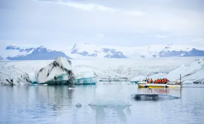 A boat tour among icebergs on Jökulsárlón Glacier Lagoon in Iceland.