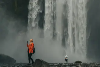 Skogafoss Waterfall Woman Taking Photos Large