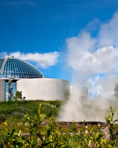 View of Perlan Museum and observation deck through a steam cloud and greenery.