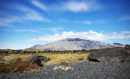 The majestic Snæfellsjökull volcano with clear blue skies, Iceland.