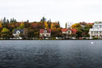 View of Tjörnin Lake, pond in Reykjavik, with houses in the far background nestled within trees in background.