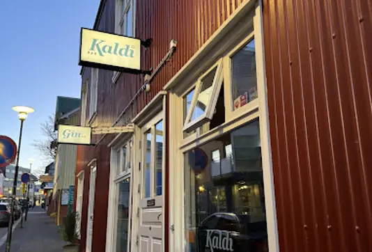 A view of Kaldi Bar, a charming local pub in Reykjavík, Iceland, showcasing its iconic red facade and inviting signs for craft beer and gin, located on a cozy downtown street.