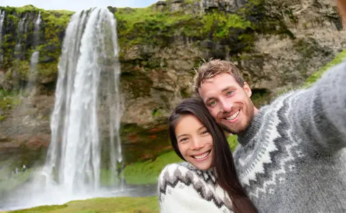 Seljalandsfoss Couple Selfie Icelandic Sweaters Ring Road Romance Travelreykjavik Large