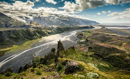 Aerial view of Þórsmörk valley in Iceland's highlands, with glacial rivers cutting through the landscape.
