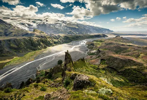 Aerial view of Þórsmörk valley in Iceland's highlands, with glacial rivers cutting through the landscape.