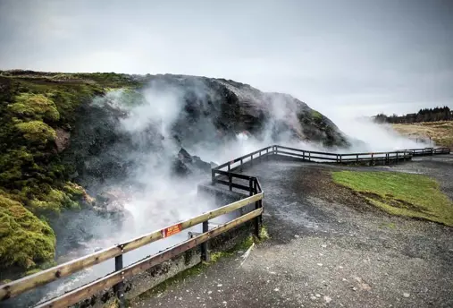 Deildartunguhver geothermal hot spring with steam rising above the fence and mossy ground.