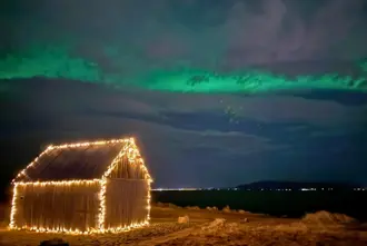 Northern Lights Over Kvika Footbath And Shark Shed Medium