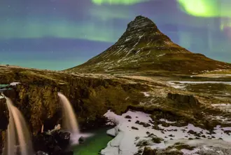 Purple Northern Lights Over Kirkjufell Iceland.