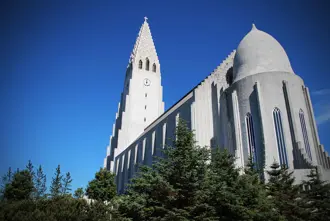 Hallgrímskirkja church in Reykjavík, Iceland, a famous architectural landmark known for its unique design and status as the largest church in Iceland.