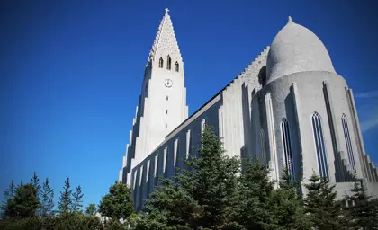 Hallgrímskirkja church in Reykjavík, Iceland, a famous architectural landmark known for its unique design and status as the largest church in Iceland.