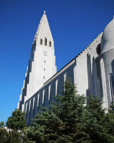 Hallgrímskirkja church in Reykjavík, Iceland, a famous architectural landmark known for its unique design and status as the largest church in Iceland.