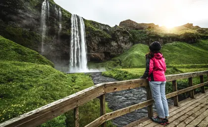 Woman in pink jacket admiring Seljalandsfoss waterfall on Iceland's 7 day tour in lush green Icelandic landscape at sunrise.