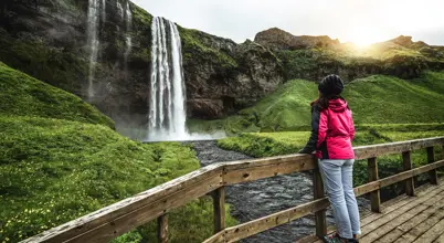 Woman in pink jacket admiring Seljalandsfoss waterfall on Iceland's 7 day tour in lush green Icelandic landscape at sunrise.