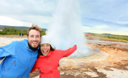 Strokkur Geyser Happy Couple Posing Golden Circle Travelreykjavik Large