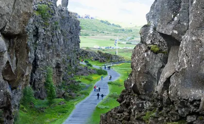 Thingvellir People Walking Cliffs Iceland Large