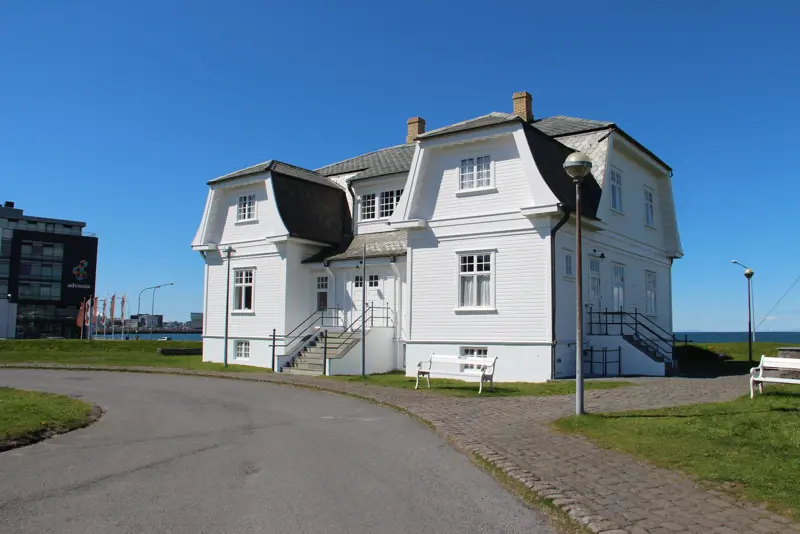 Höfði House in Reykjavík Iceland, where President Ronald Reagan and Soviet leader Mikhail Gorbachev met, with ocean views in the background.