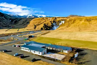 Hotel Skogafoss Near Seljalandsfoss Aerial View With Vast Fields In Autumn.