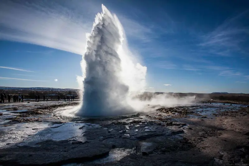A stunning eruption of the famous Geysir on the Golden Circle tour in Iceland.