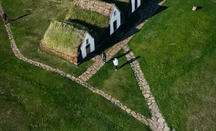 Aerial view of Glaumbær turf house farm and museum in north Iceland. 