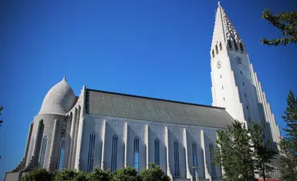 Hallgrímskirkja, a striking modern church in Reykjavík, Iceland, known for its unique architecture and status as a major landmark.