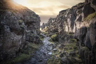 Sunlit rocky rift valley in Thingvellir National Park, showcasing moss-covered rocks and a narrow stone path, a historic site of geological and cultural significance in Iceland.