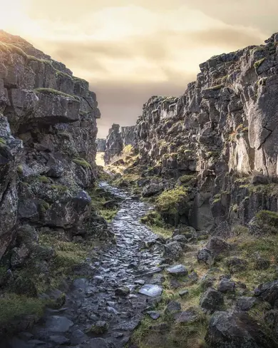 Sunlit rocky rift valley in Thingvellir National Park, showcasing moss-covered rocks and a narrow stone path, a historic site of geological and cultural significance in Iceland.