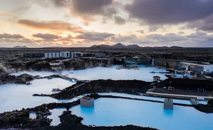 Blue Lagoon aerial view at sunset.
