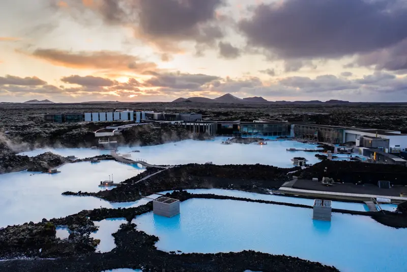 Blue Lagoon aerial view at sunset.