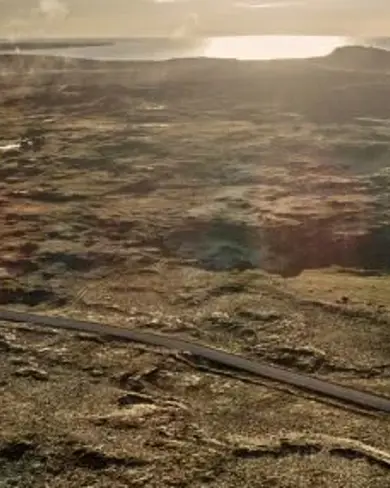 Aerial view of road from Keflavik Airport to Reykjavik on Reykjanes peninsula with lava fields.