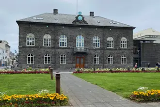 Althingi Parliament front exterior in summer in Reykjavik, Iceland.