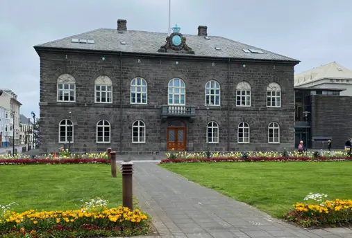 Althingi Parliament front exterior in summer in Reykjavik, Iceland.
