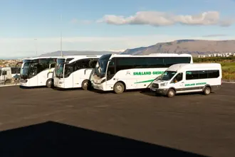 Snaeland Travel buses parked in Reykjavik Iceland.