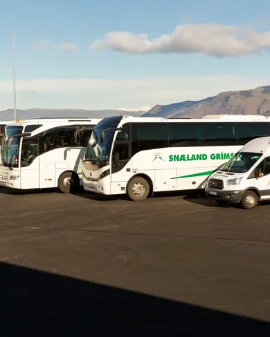 Snaeland Travel buses parked in Reykjavik Iceland.