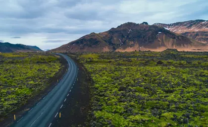 Road surrounded by a mossy lava field with mountains in the background and a cloudy sky in Iceland on a south coast self drive tour.