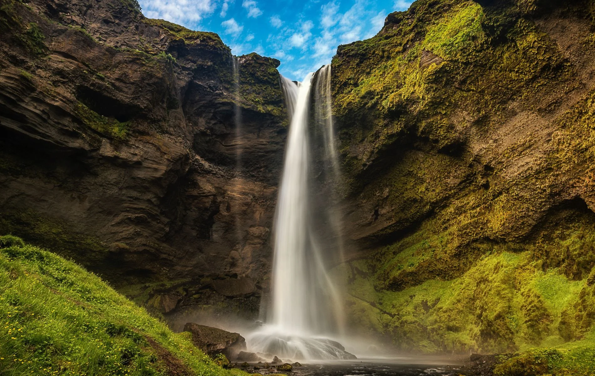 Waterfall Over Cliffs In South Coast Iceland.