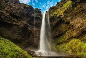 Waterfall Over Cliffs In South Coast Iceland.