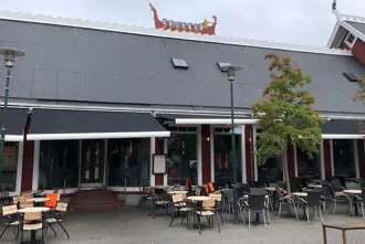 Outdoor seating at Fjallkonan Bar and Restaurant in Reykjavik.