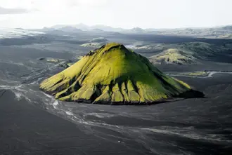 Iceland Green Grass Grown Mountain In Middle Of Black Sand Desert Iceland Large